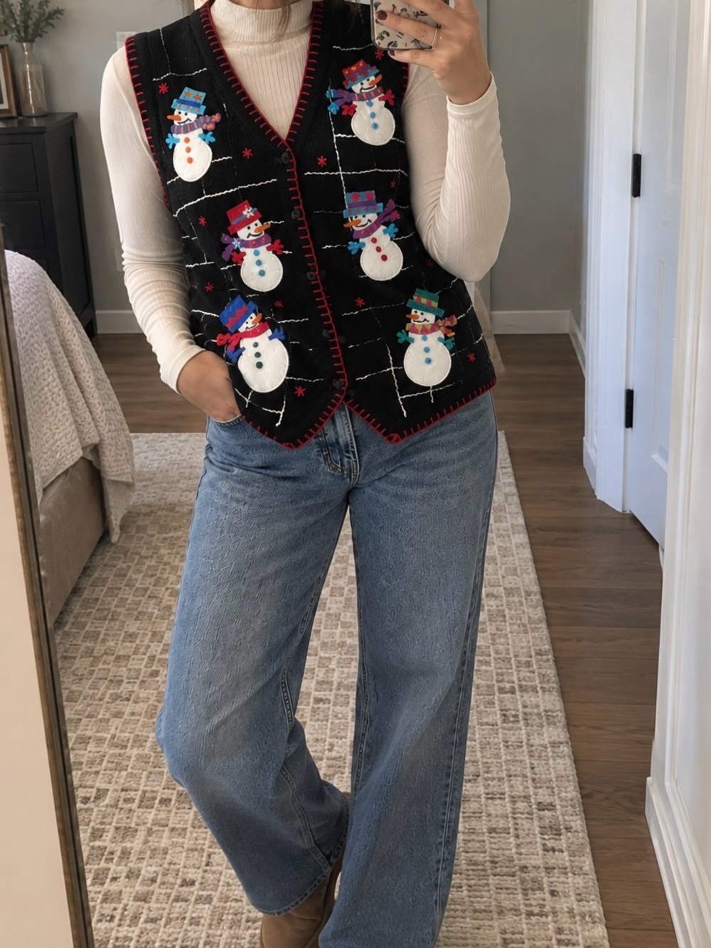 Vintage Snowman Christmas Sweater Vest Black Size